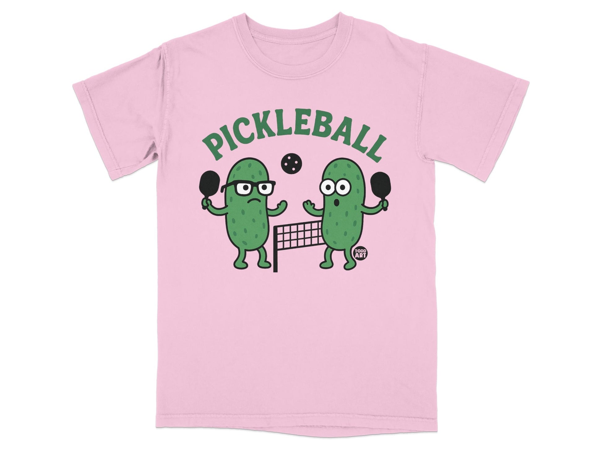 T-shirt with cartoon pickles playing pickleball and wearing glasses.