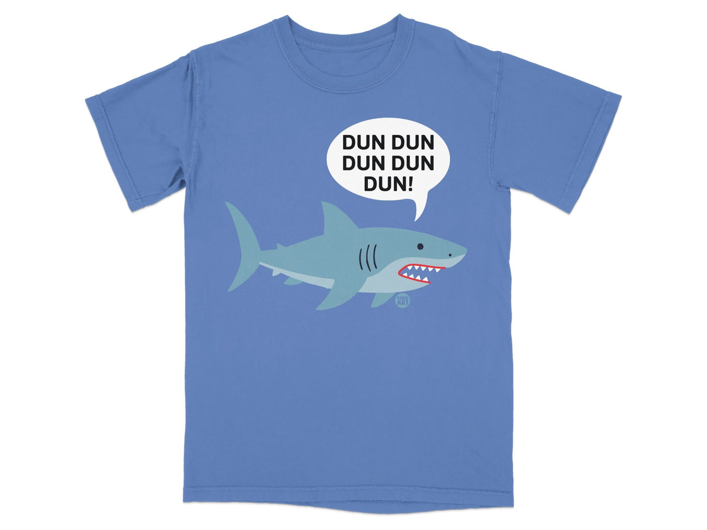 Blue t-shirt with cartoon shark and "DUN DUN DUN DUN!" speech bubble.