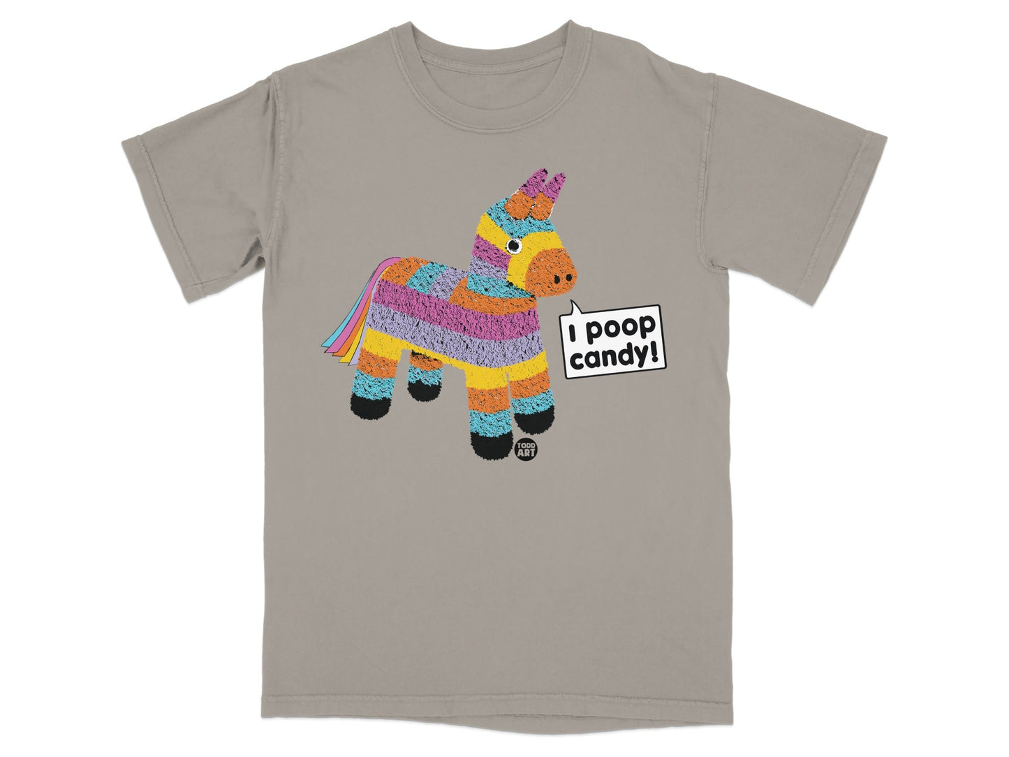 Donkey pi√±ata graphic on a tan t-shirt with "I poop candy!" speech bubble.