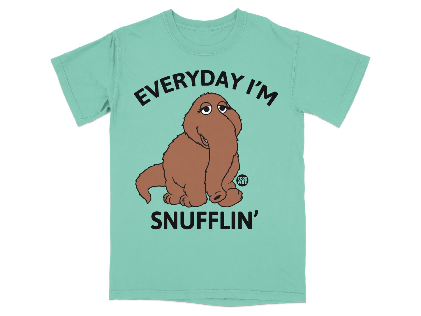 Teal t-shirt with cartoon Snuffleupagus and "EVERYDAY I'M SNUFFLIN'" text.
