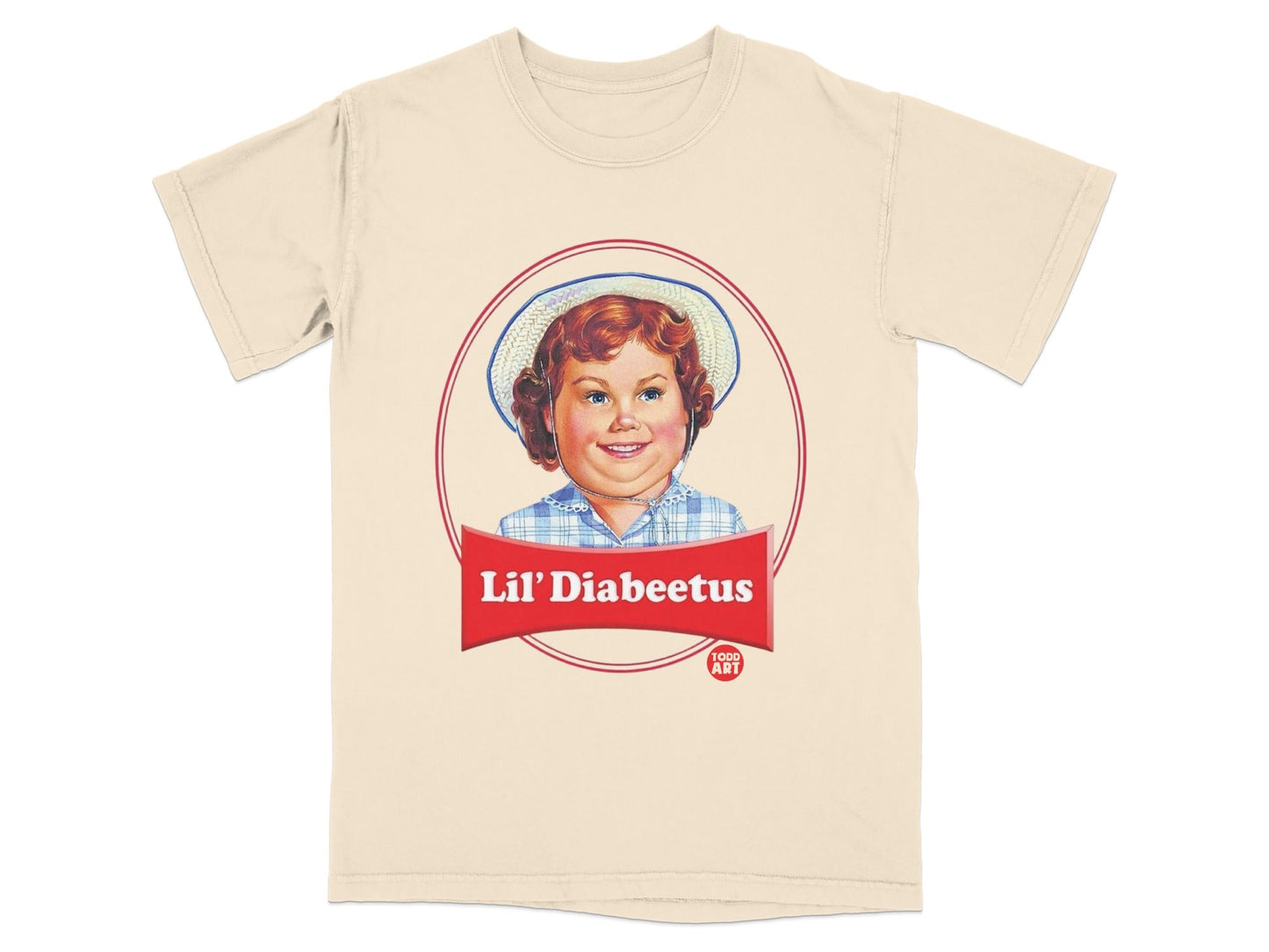 T-shirt graphic: Lil' Diabeetus girl in hat, vintage label style.