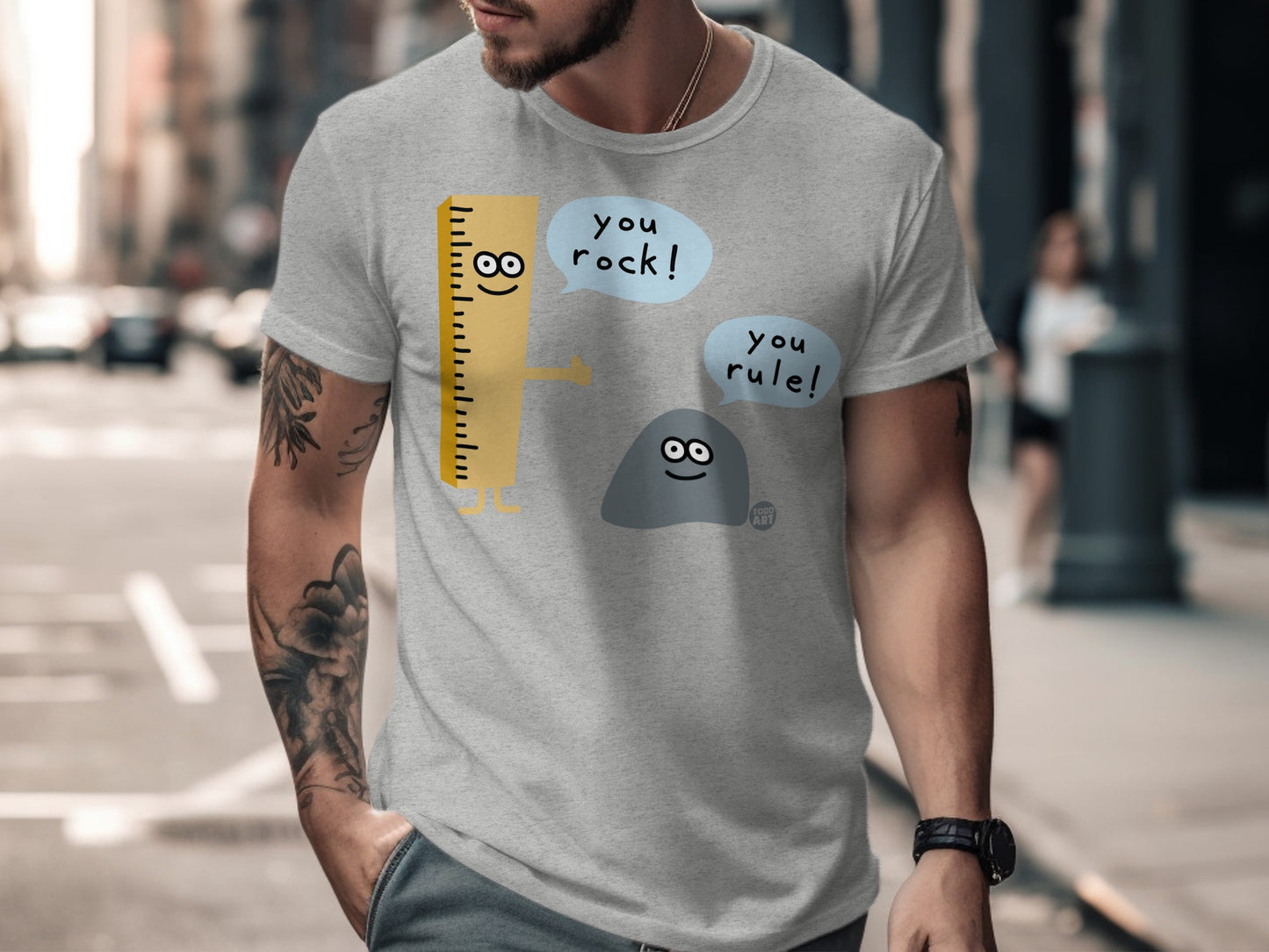 Fun Illustrated Measuring Tape and Rock Cartoon T-Shirt