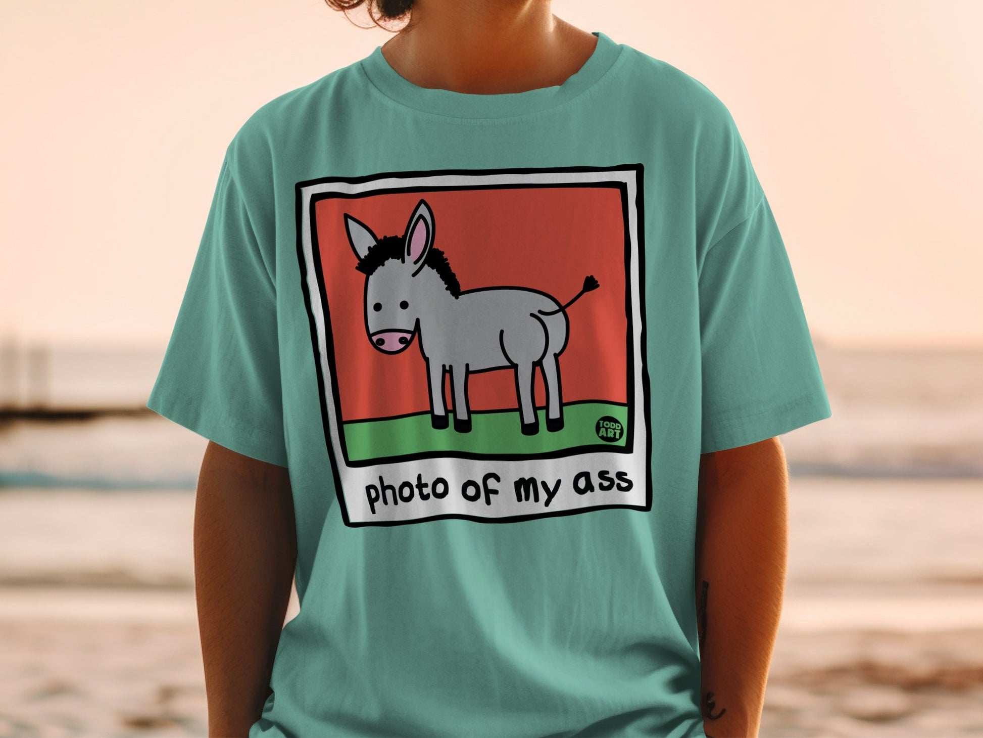 Teal t-shirt with cartoon donkey and "photo of my ass" text.