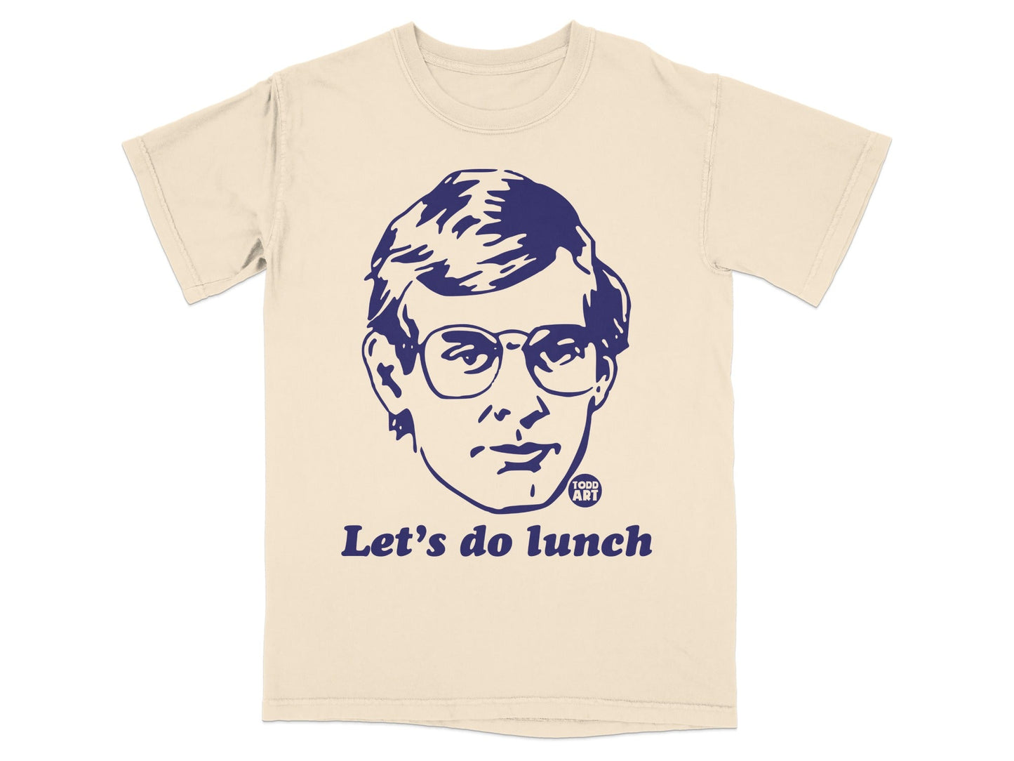 T-shirt with a blue graphic of a man's face and "Let's do lunch" text.