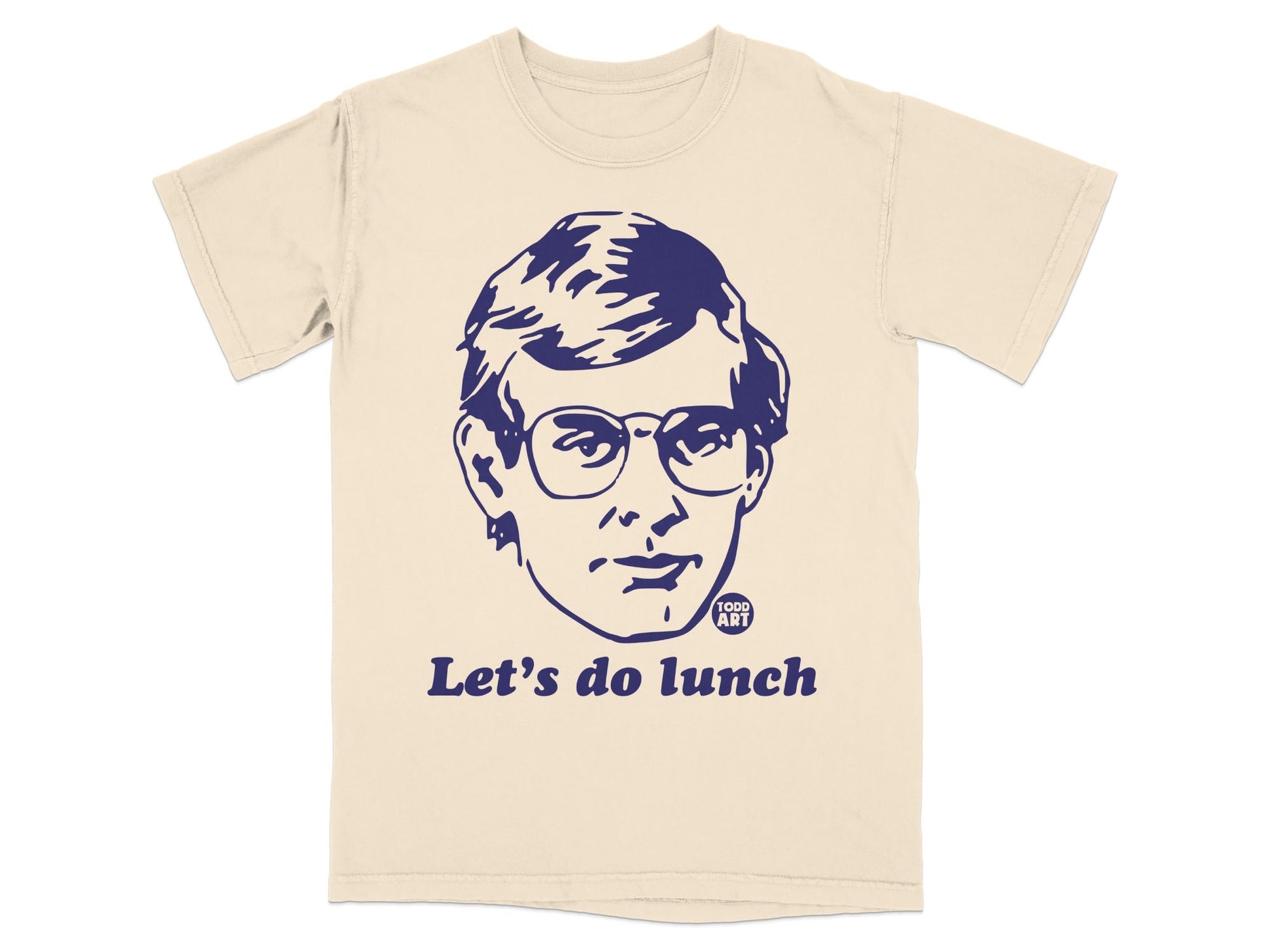T-shirt with a blue graphic of a man's face and "Let's do lunch" text.