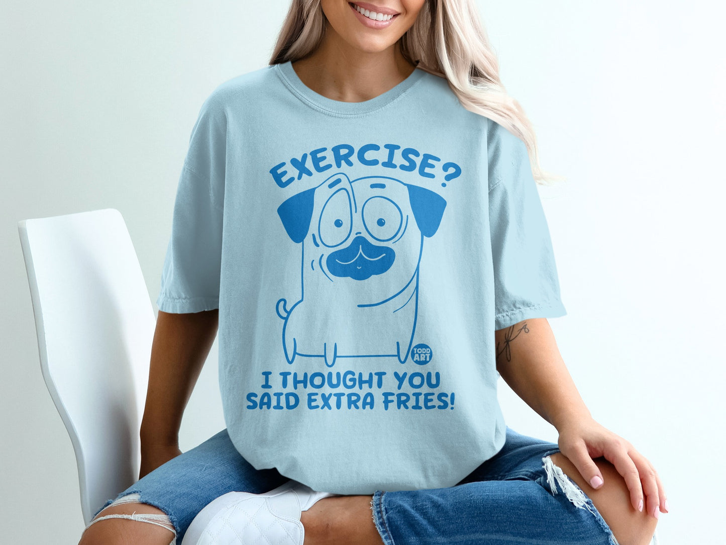 Exercise Pug Extra Fries Funny Graphic Tee Shirt