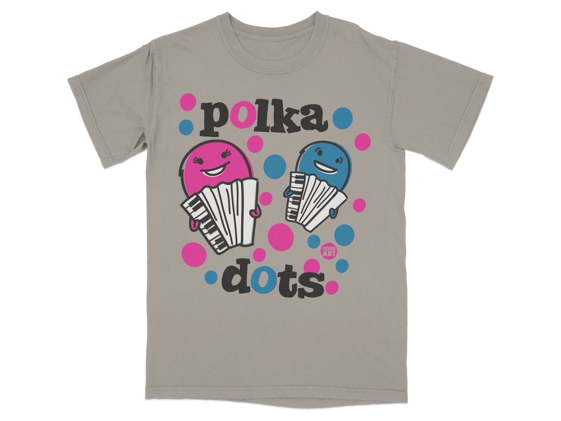 Two cartoon accordions with faces playing music, text "polka dots".
