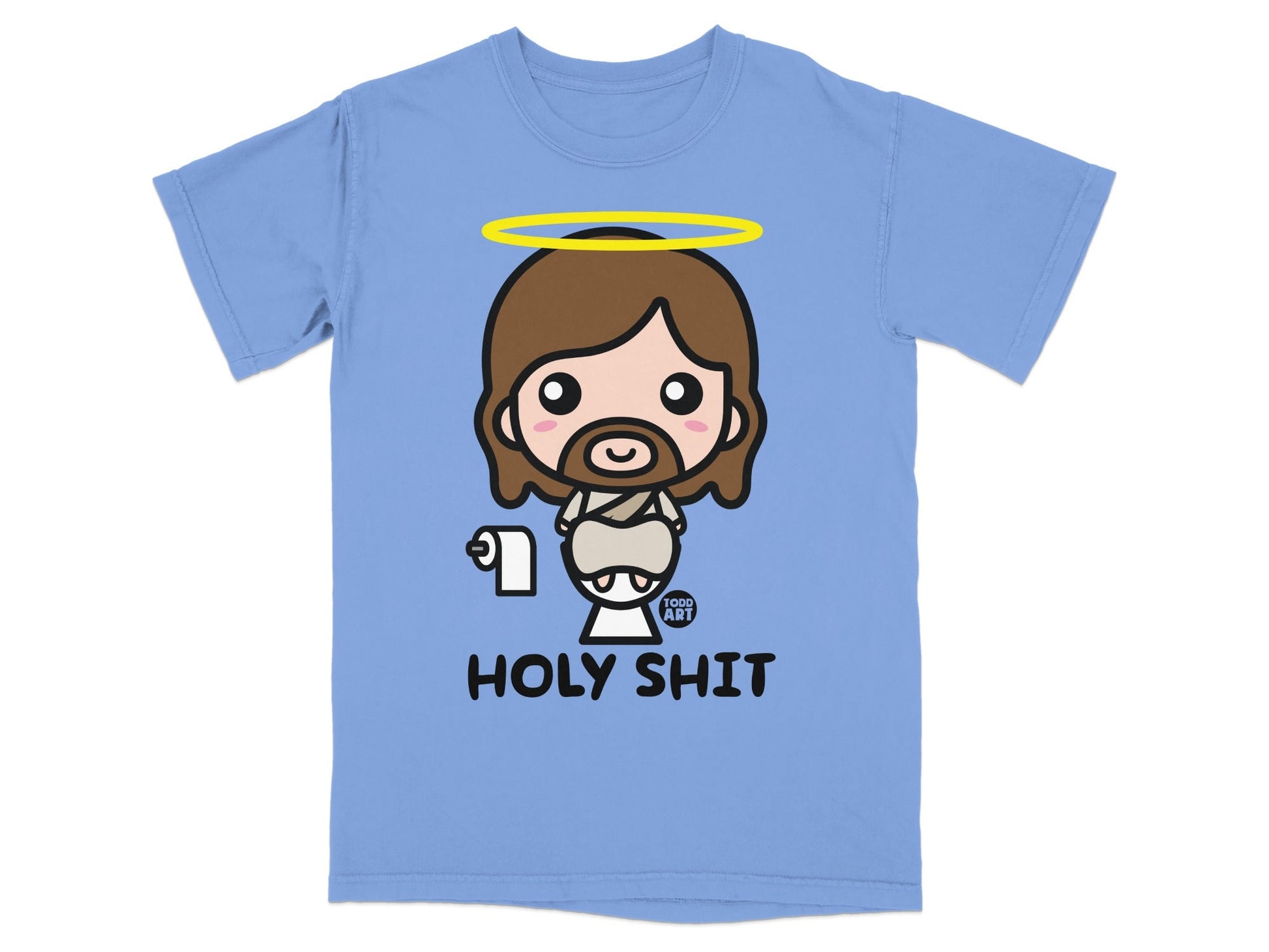 Light blue t-shirt with cartoon Jesus and toilet paper, reads "HOLY SHIT".