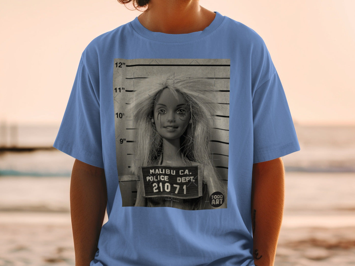 Barbie mugshot with "Malibu CA Police Dept. 21071" text.