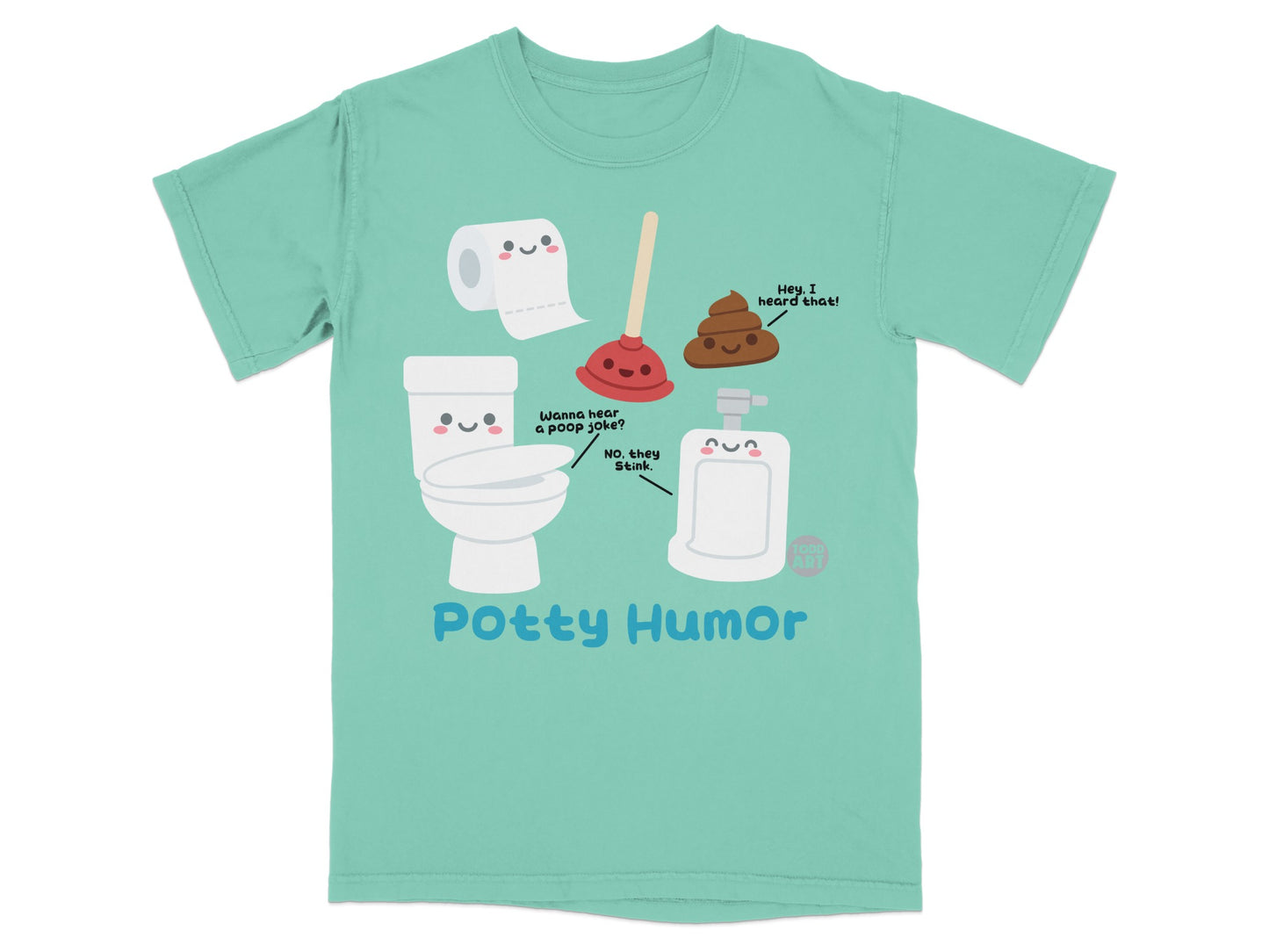 T-shirt with cartoon toilet, toilet paper, plunger, and poop with "Potty Humor" text.