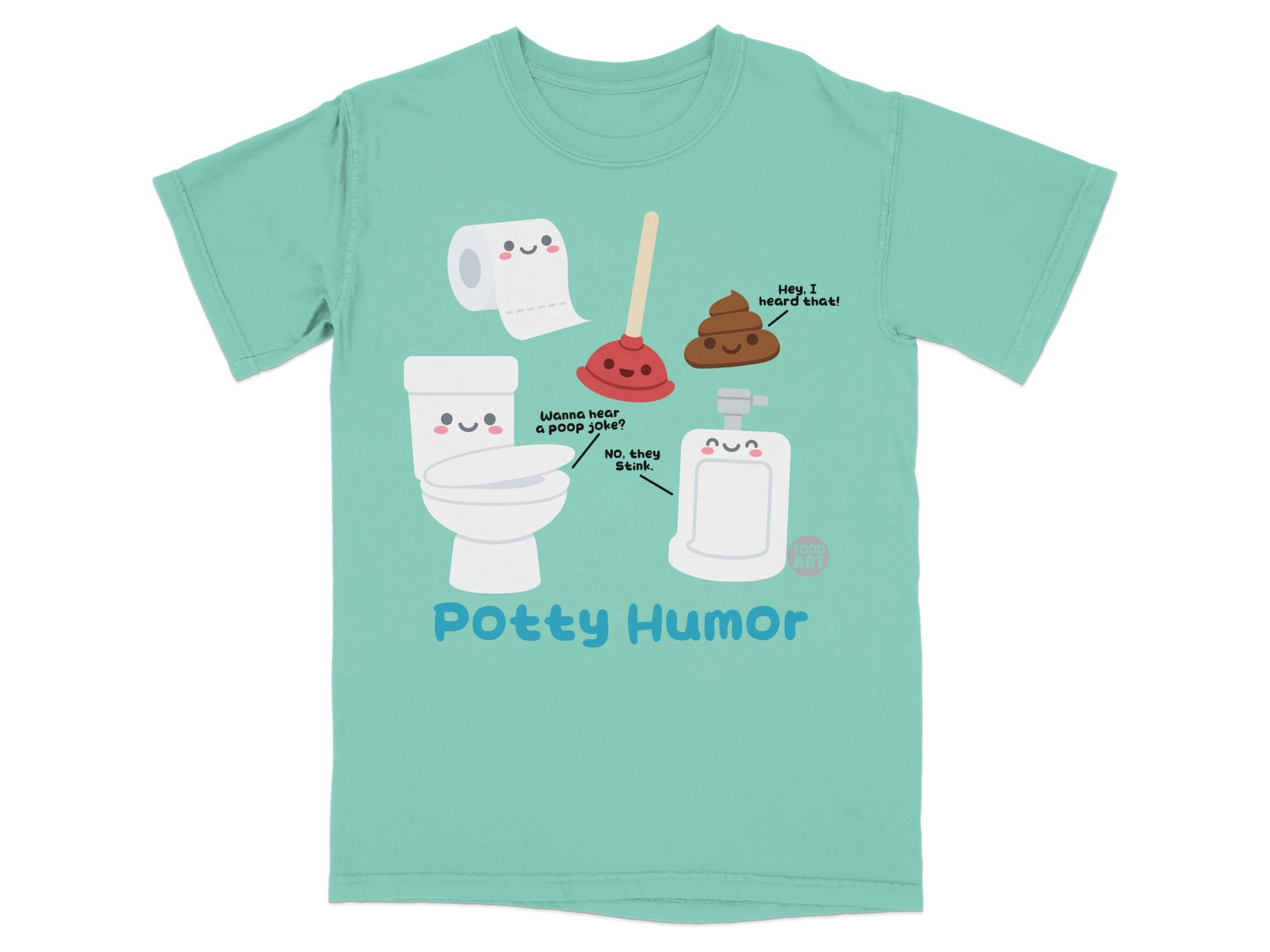T-shirt with cartoon toilet, toilet paper, plunger, and poop with "Potty Humor" text.