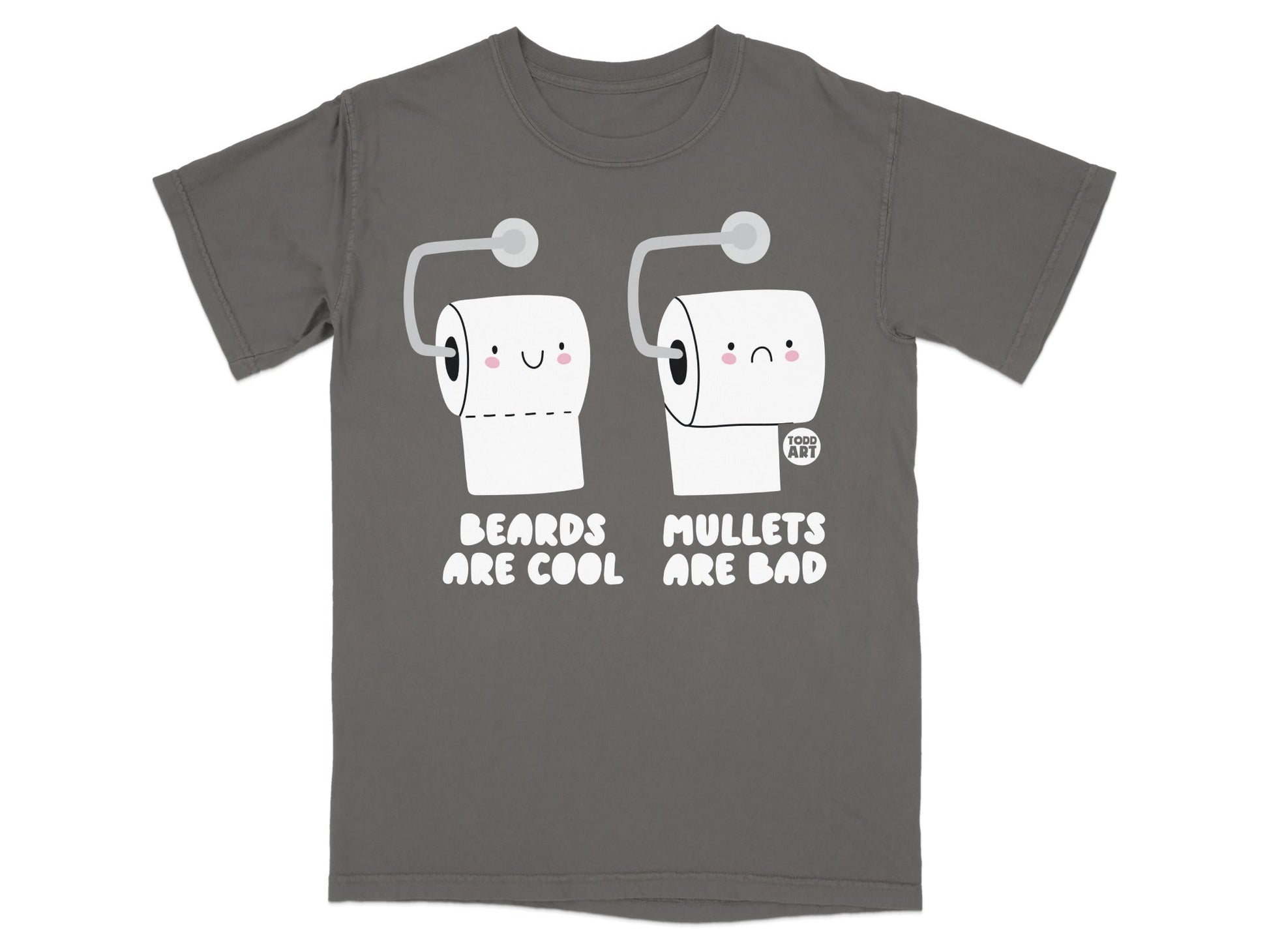 T-shirt with two toilet paper rolls with faces, one happy, one sad.