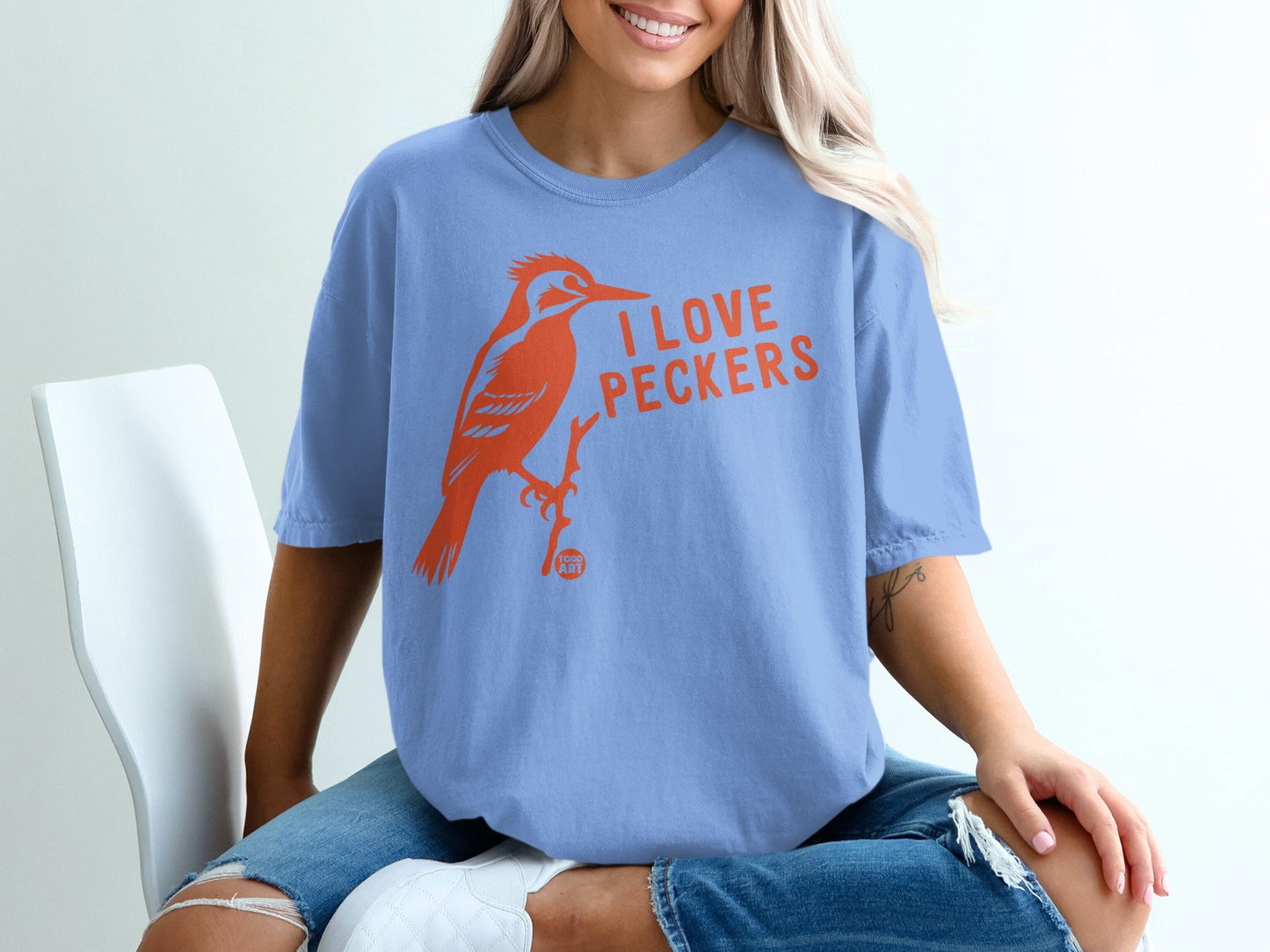 I Love Peckers Blue T-Shirt with Bird Graphic Design