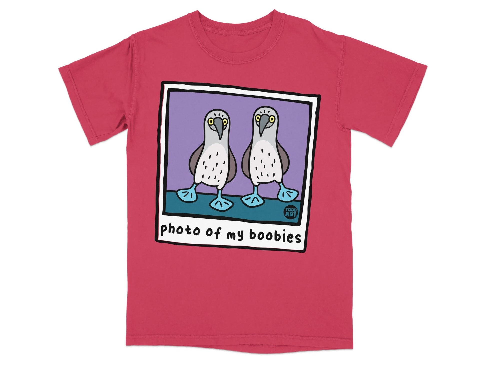 Two boobies on a pink t-shirt with "photo of my boobies" text.