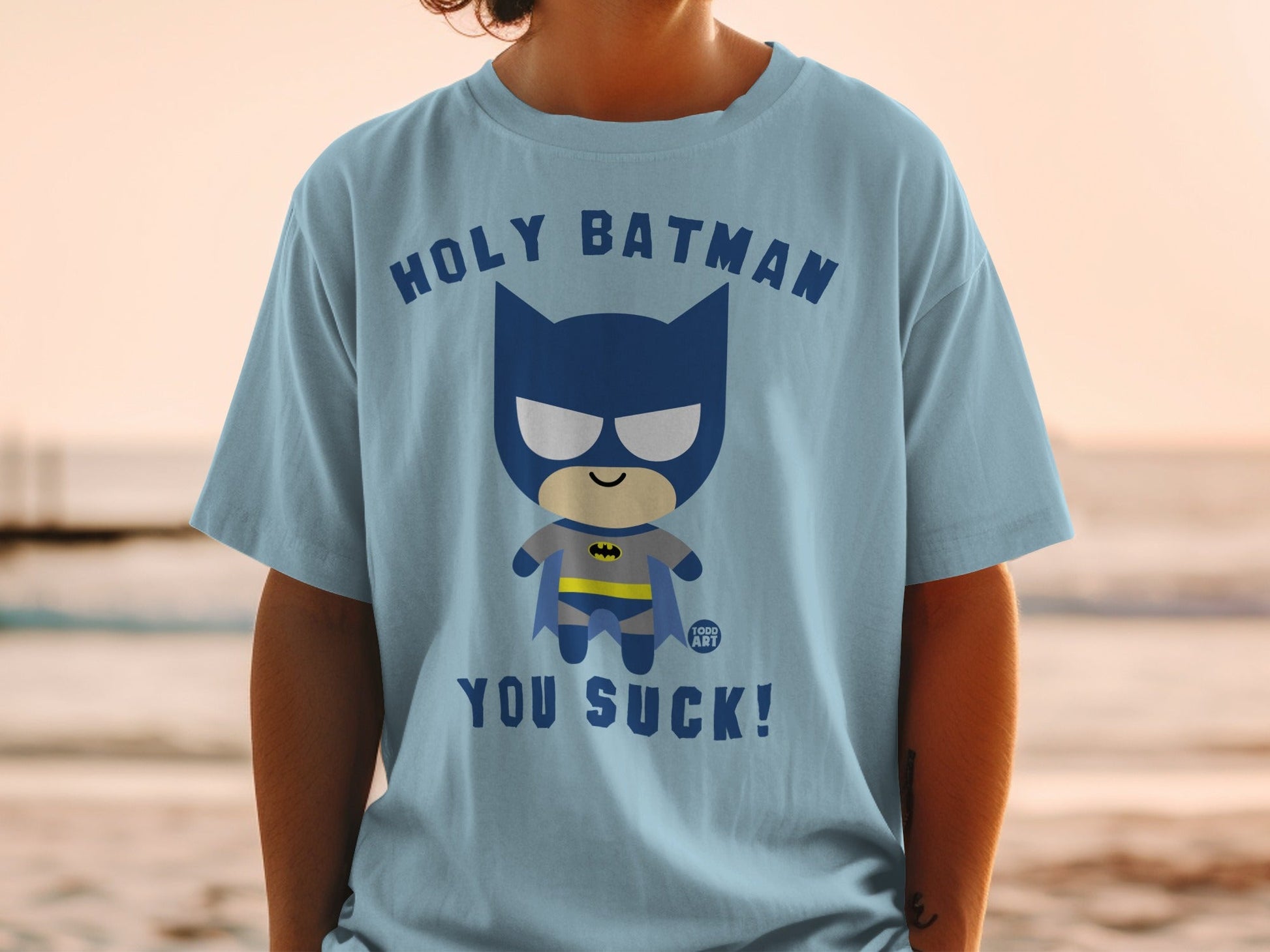Chibi Batman graphic t-shirt with "HOLY BATMAN YOU SUCK!" text.