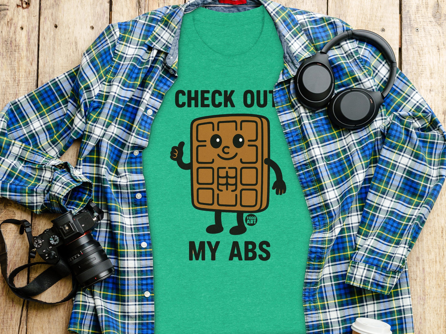 Check Out My Abs Green T-shirt with Waffle Print