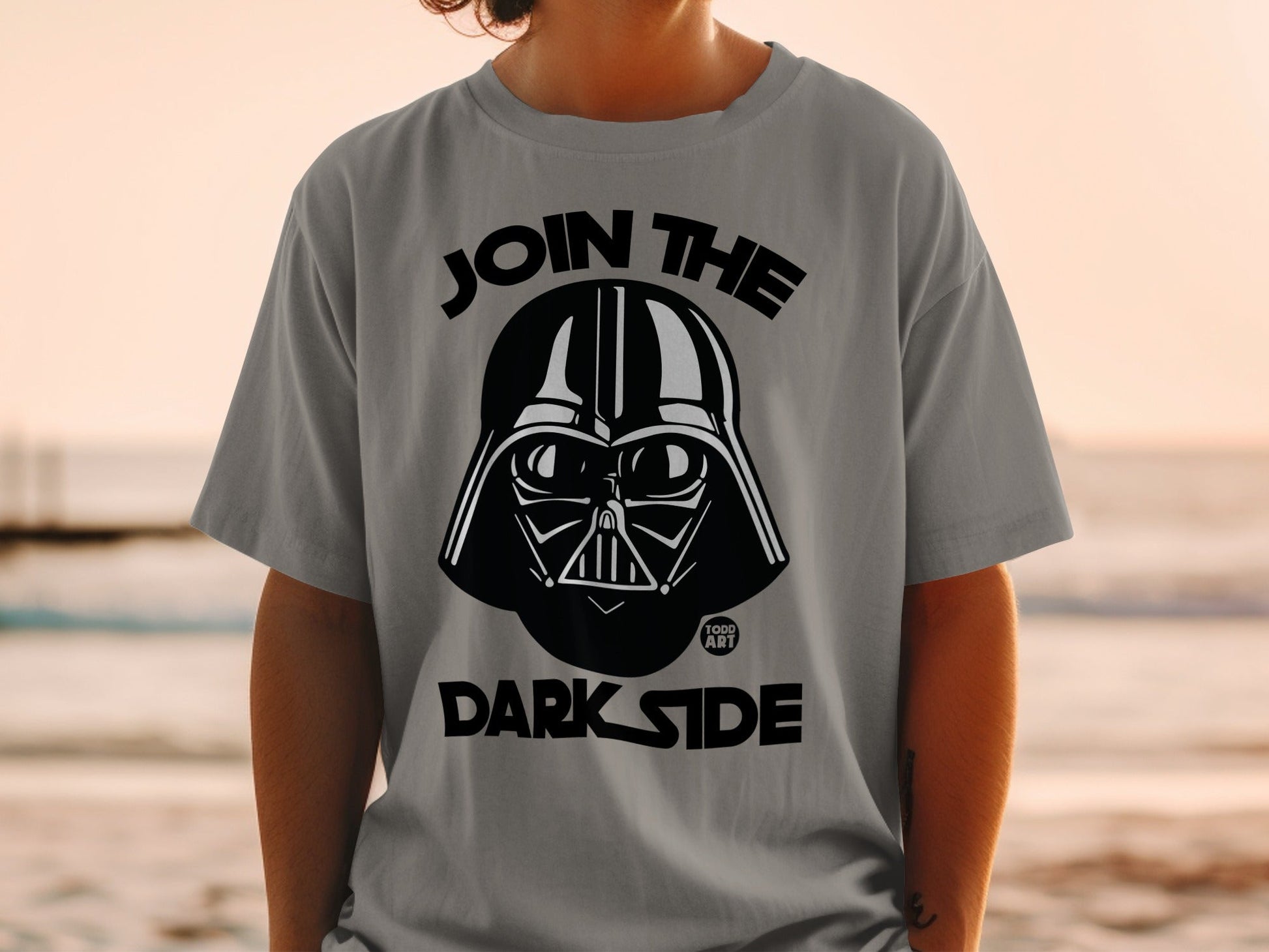 Gray t-shirt with Darth Vader's helmet and "JOIN THE DARK SIDE" text.
