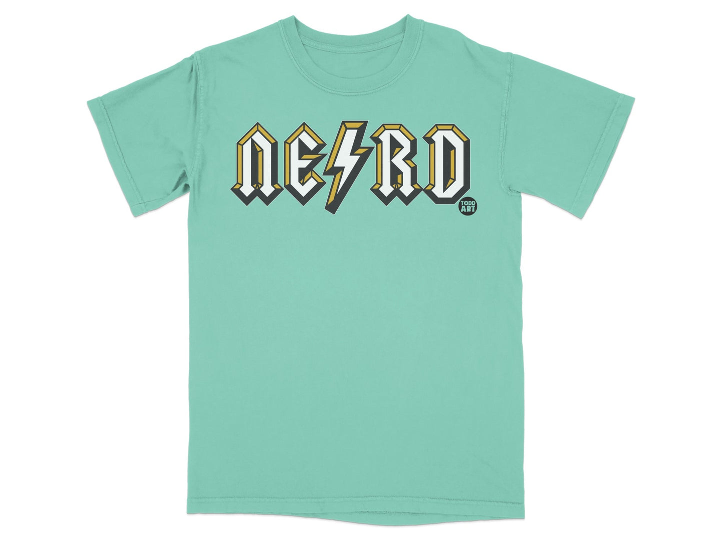Teal t-shirt with bold "NERD" text in a distressed, yellow and white outline font.