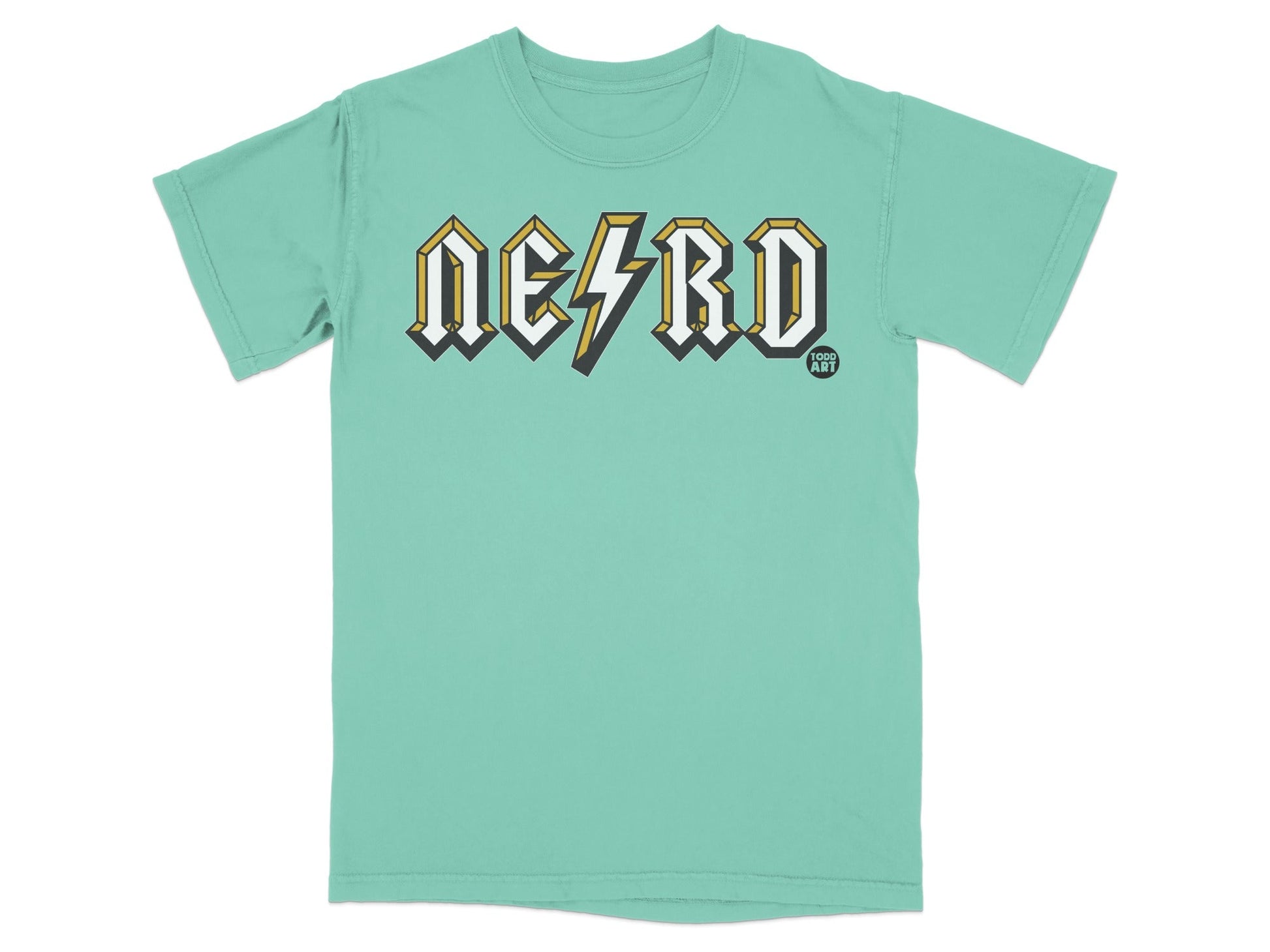 Teal t-shirt with bold "NERD" text in a distressed, yellow and white outline font.