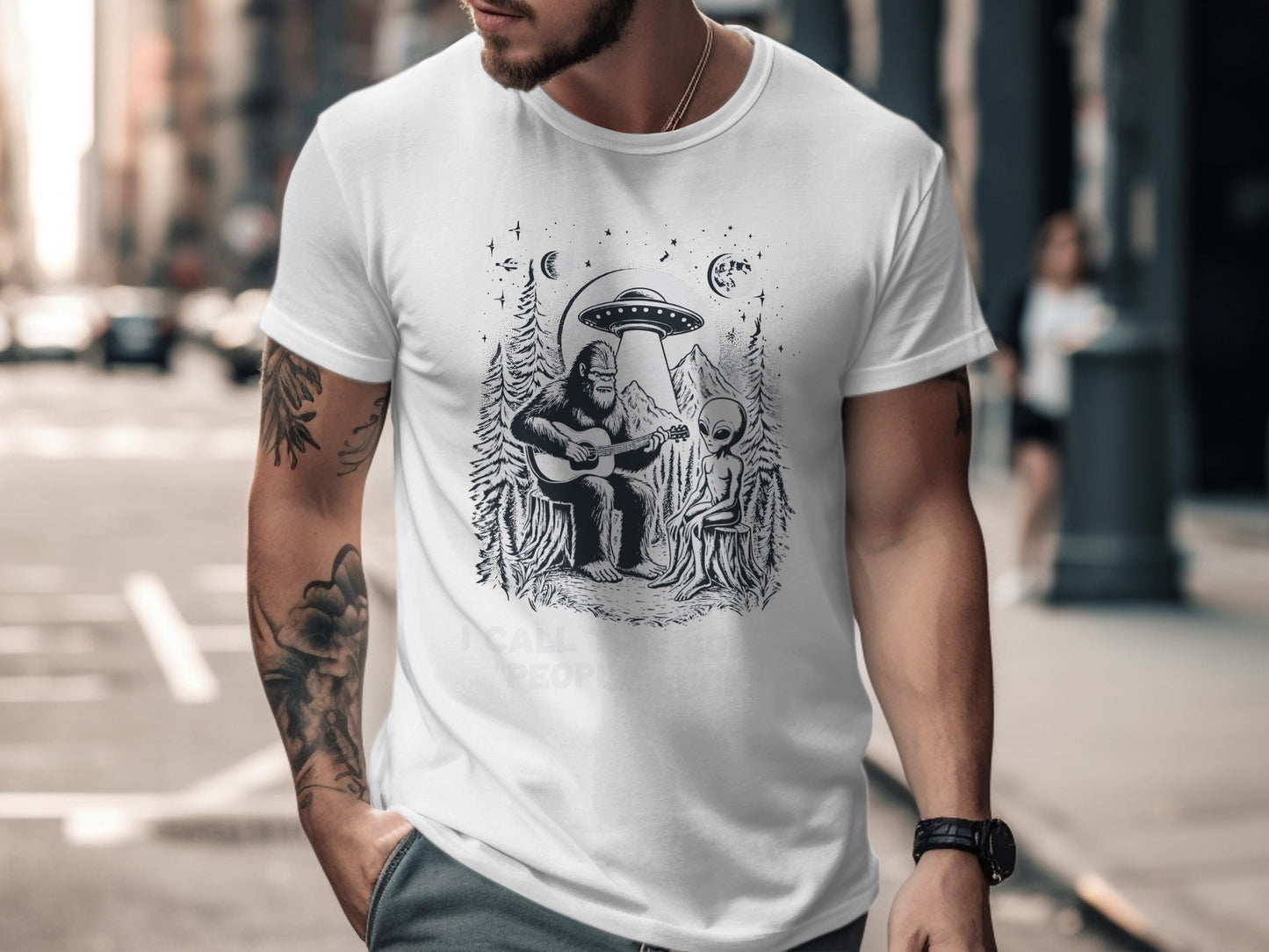 Bigfoot Playing Guitar with Alien Under UFO T-shirt