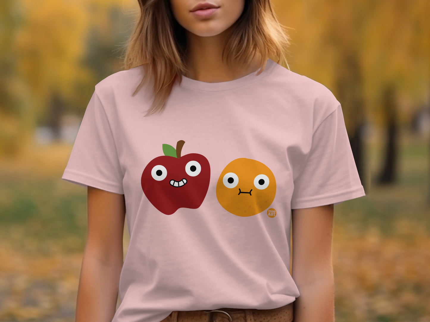 Cute Apple and Orange Cartoon Characters T-shirt