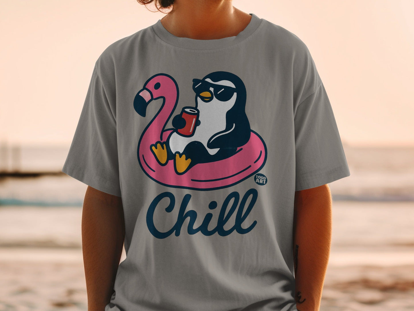 Penguin in sunglasses floating on flamingo pool float holding a drink, "Chill" text.