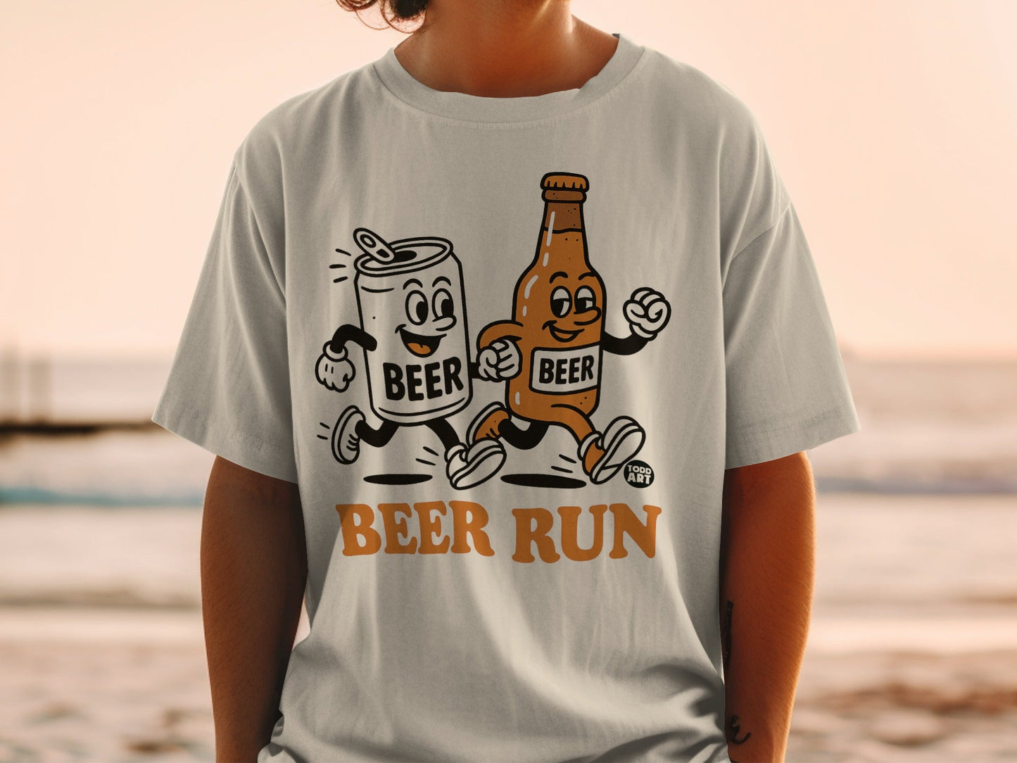 Beer Run Printed T-Shirt with Cartoon Beverage Design