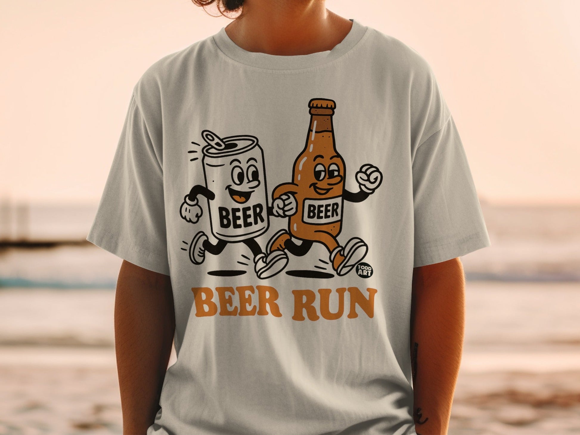 Beer Run Printed T-Shirt with Cartoon Beverage Design