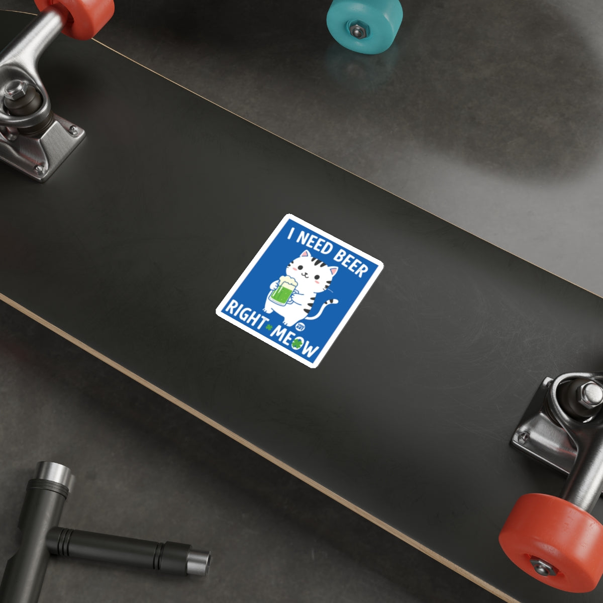 I Need Beer Right Meow Funny Cat Skateboard Sticker