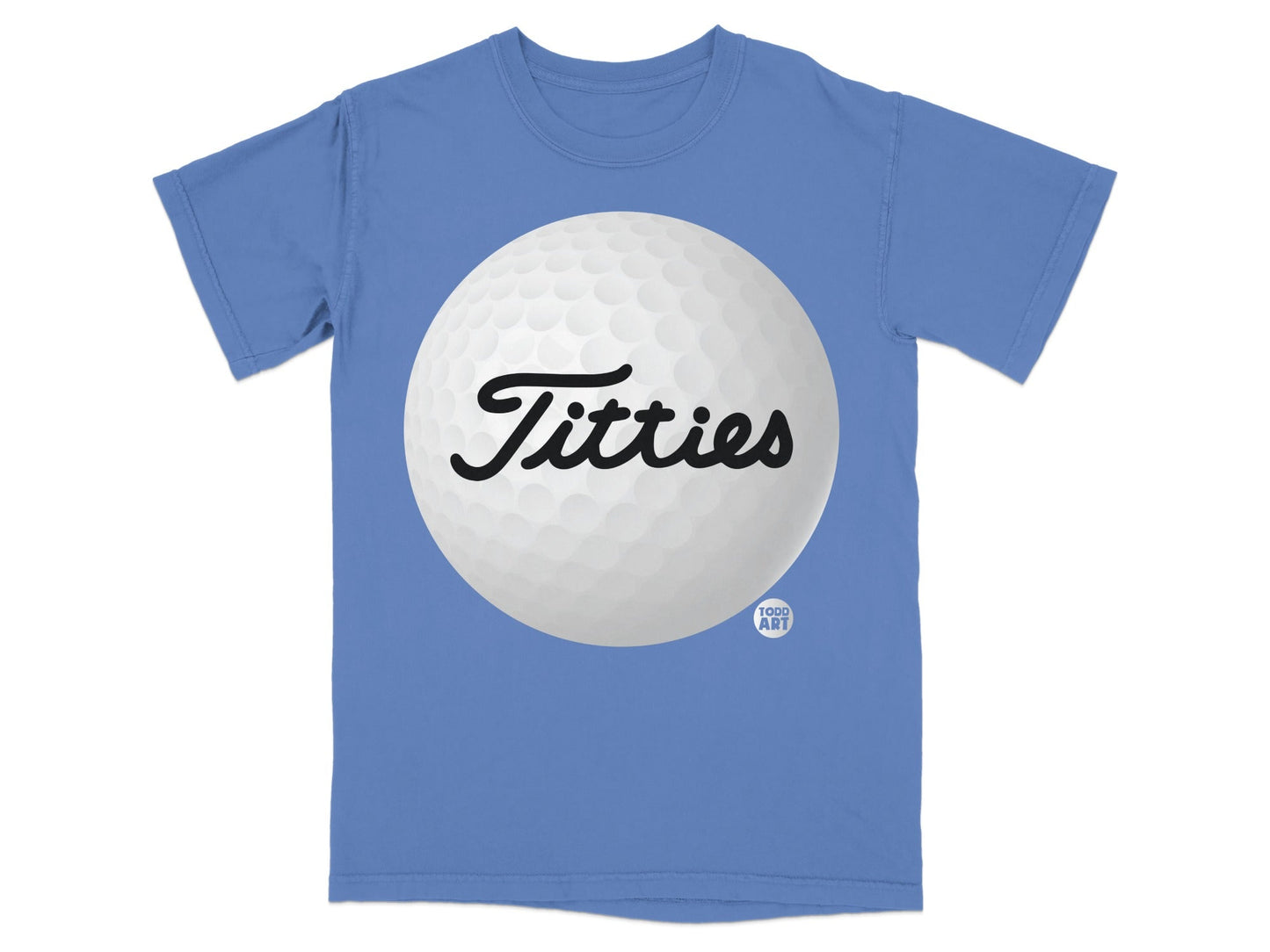 Blue t-shirt with a golf ball graphic and "Titties" text.
