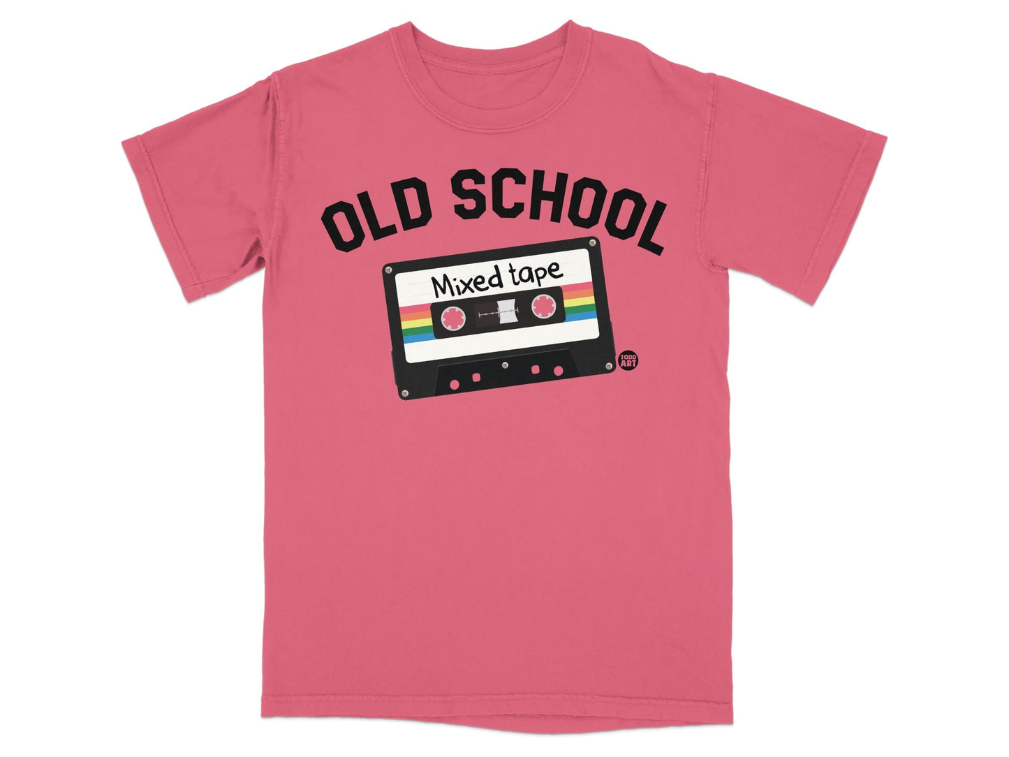 Coral t-shirt with "OLD SCHOOL" and cassette tape graphic.