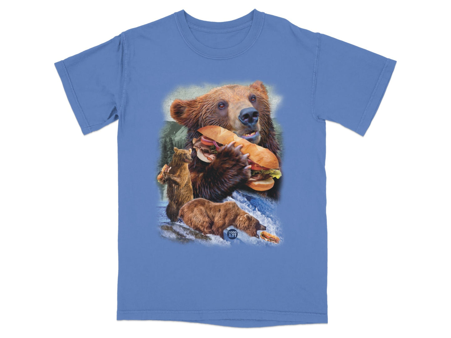 Bear Holding Sandwich in River Scene T-shirt
