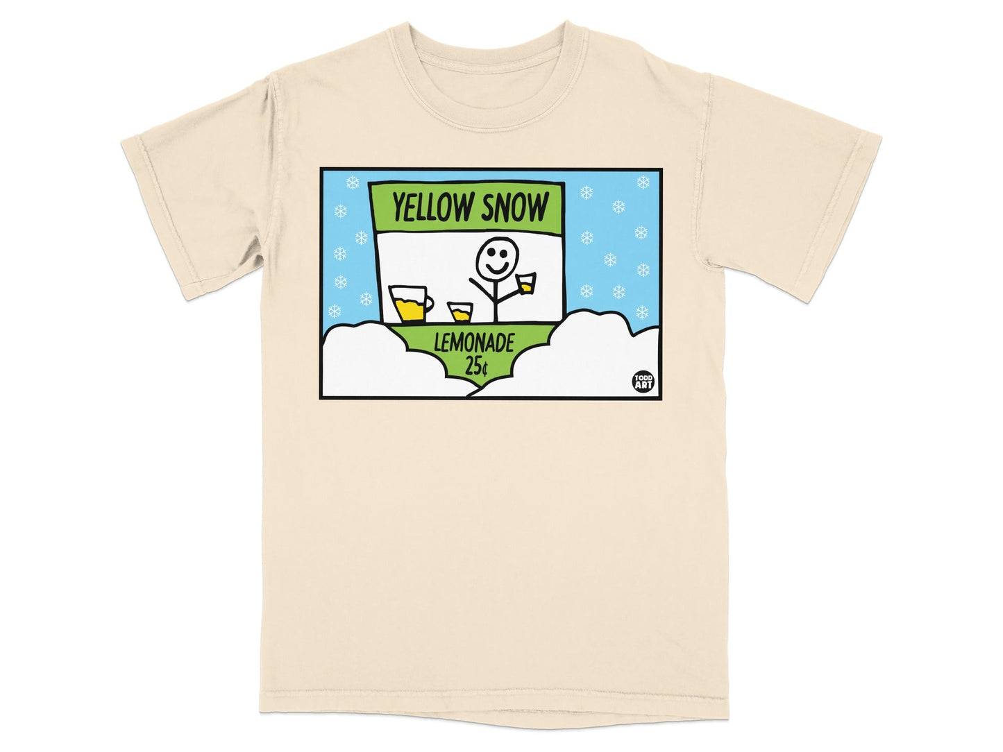 Yellow T-shirt with cartoon of lemonade stand in snow.