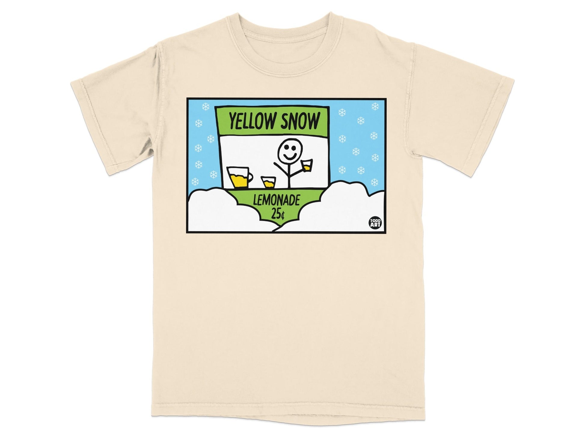 Yellow T-shirt with cartoon of lemonade stand in snow.