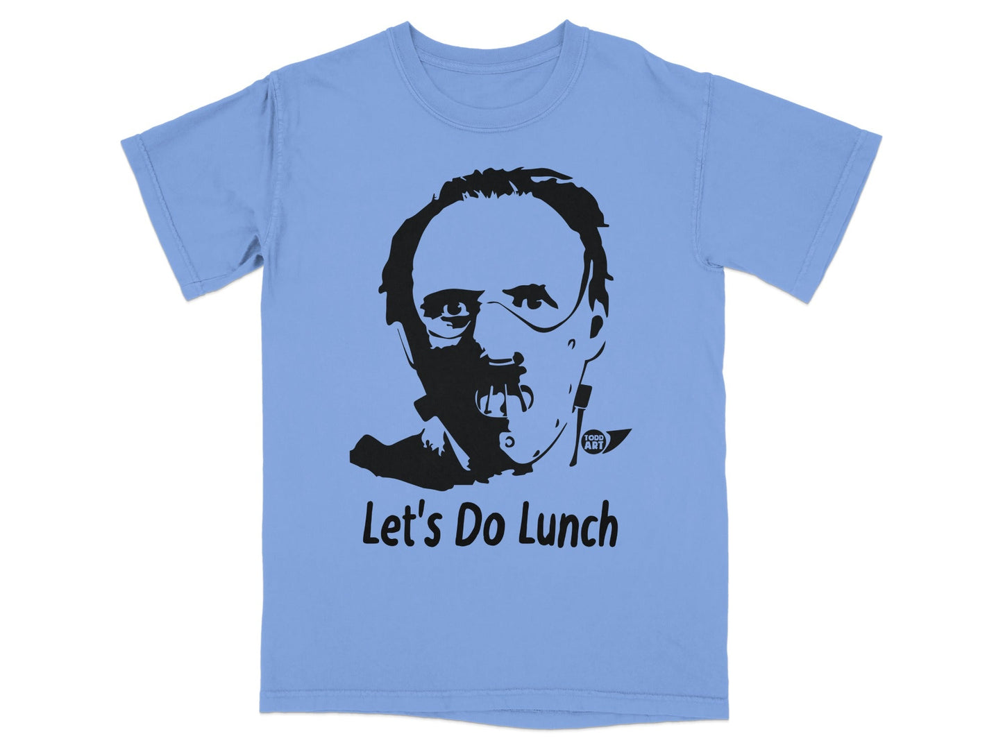 Light blue t-shirt with a black graphic of Hannibal Lecter's face and "Let's Do Lunch".