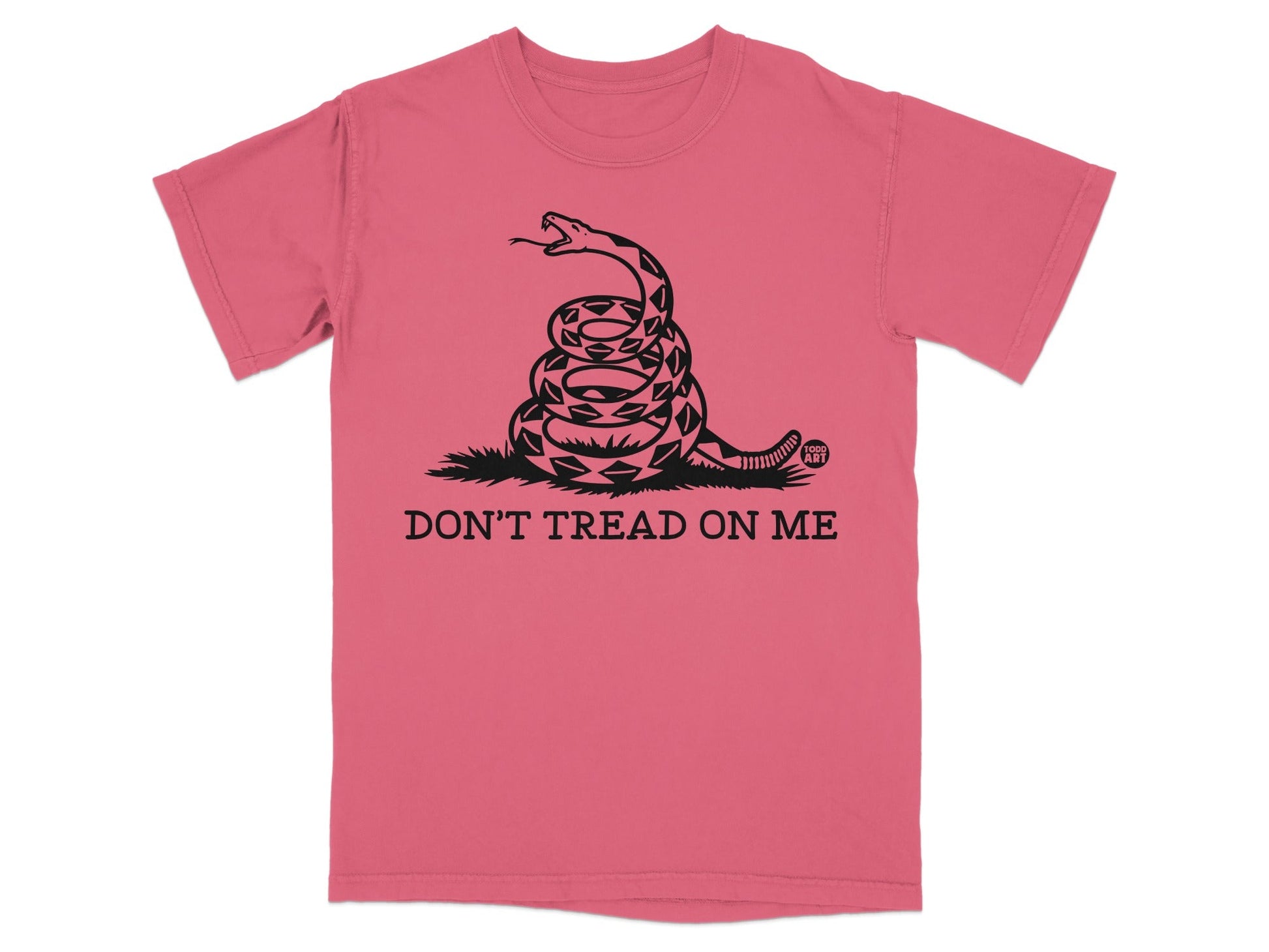 Coral t-shirt with coiled snake and "Don't Tread On Me" text.