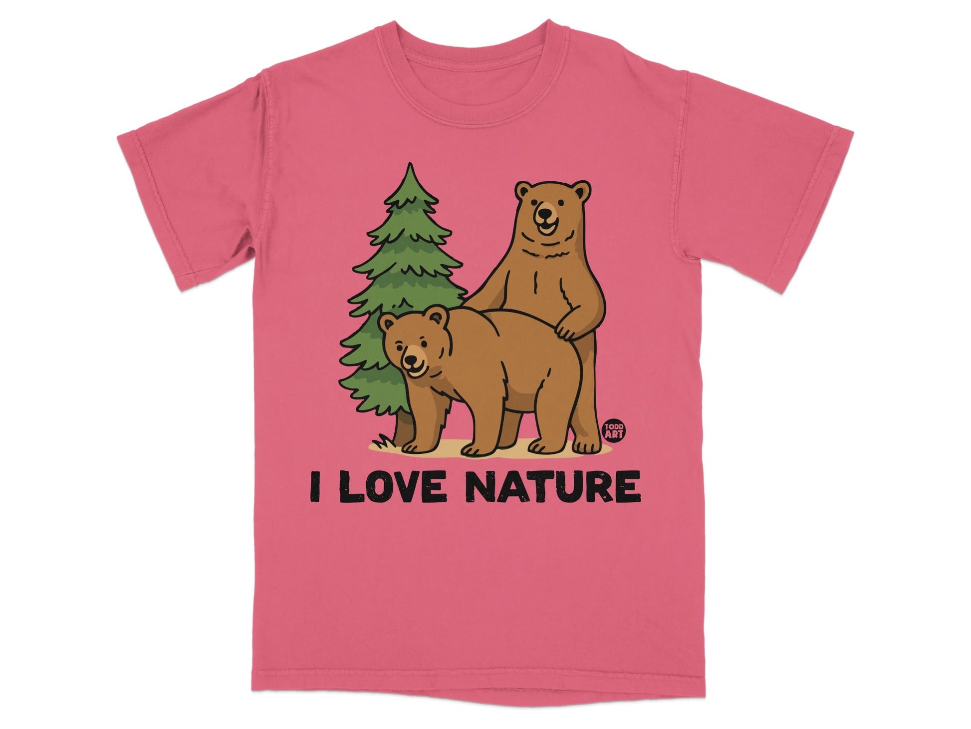 Pink T-shirt Featuring Two Bears and I Love Nature Text