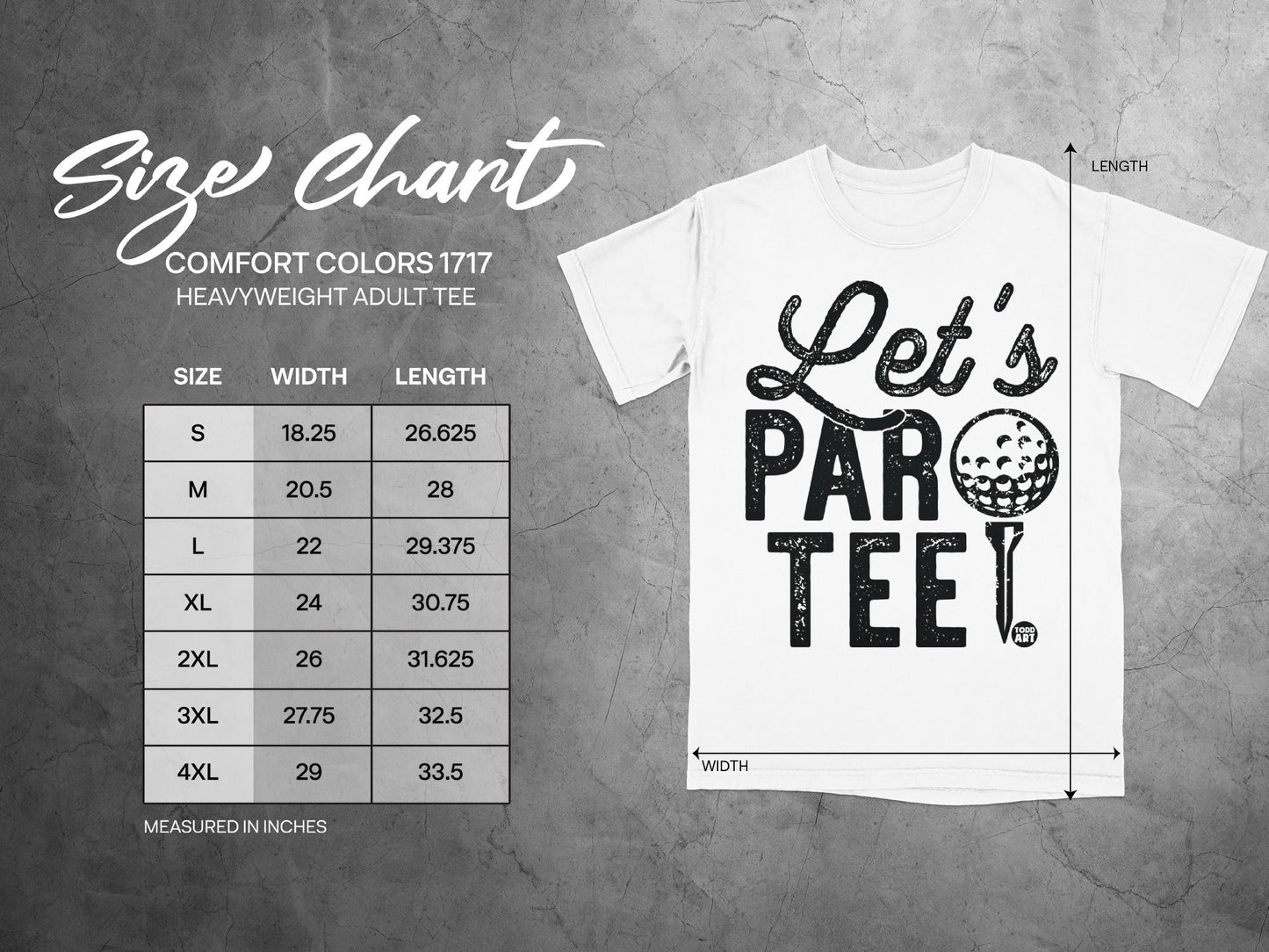 Comfort Colors 1717 size chart for heavyweight adult tees, measured in inches.