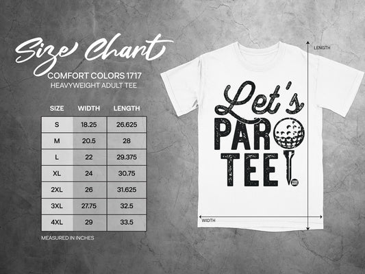 Comfort Colors 1717 size chart for heavyweight adult tees, measured in inches.