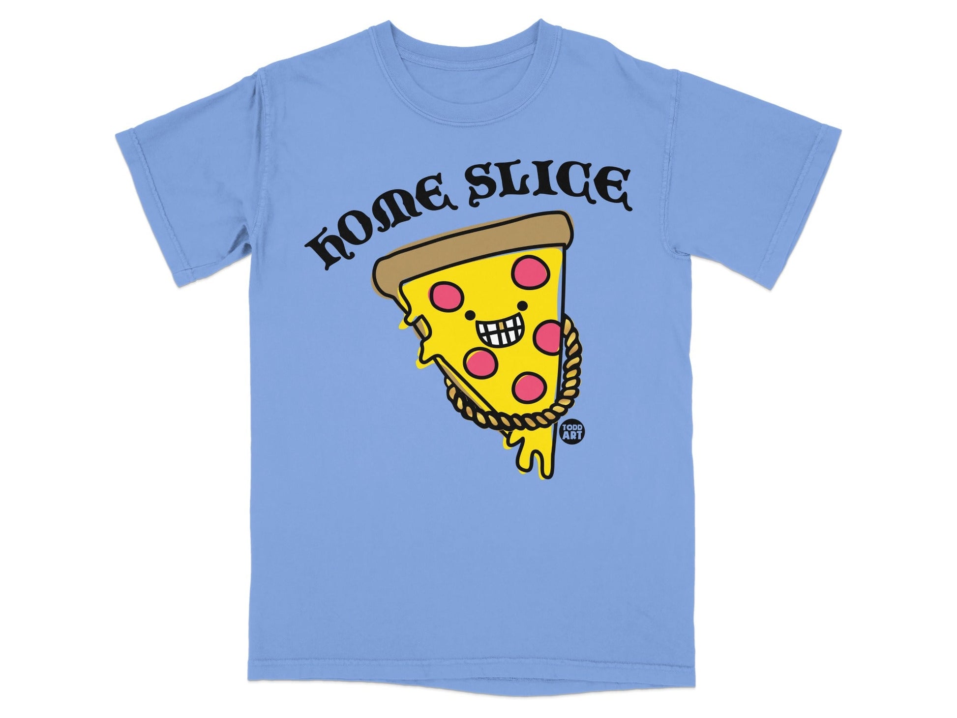Blue t-shirt with "HOME SLICE" text and cartoon pizza slice graphic.