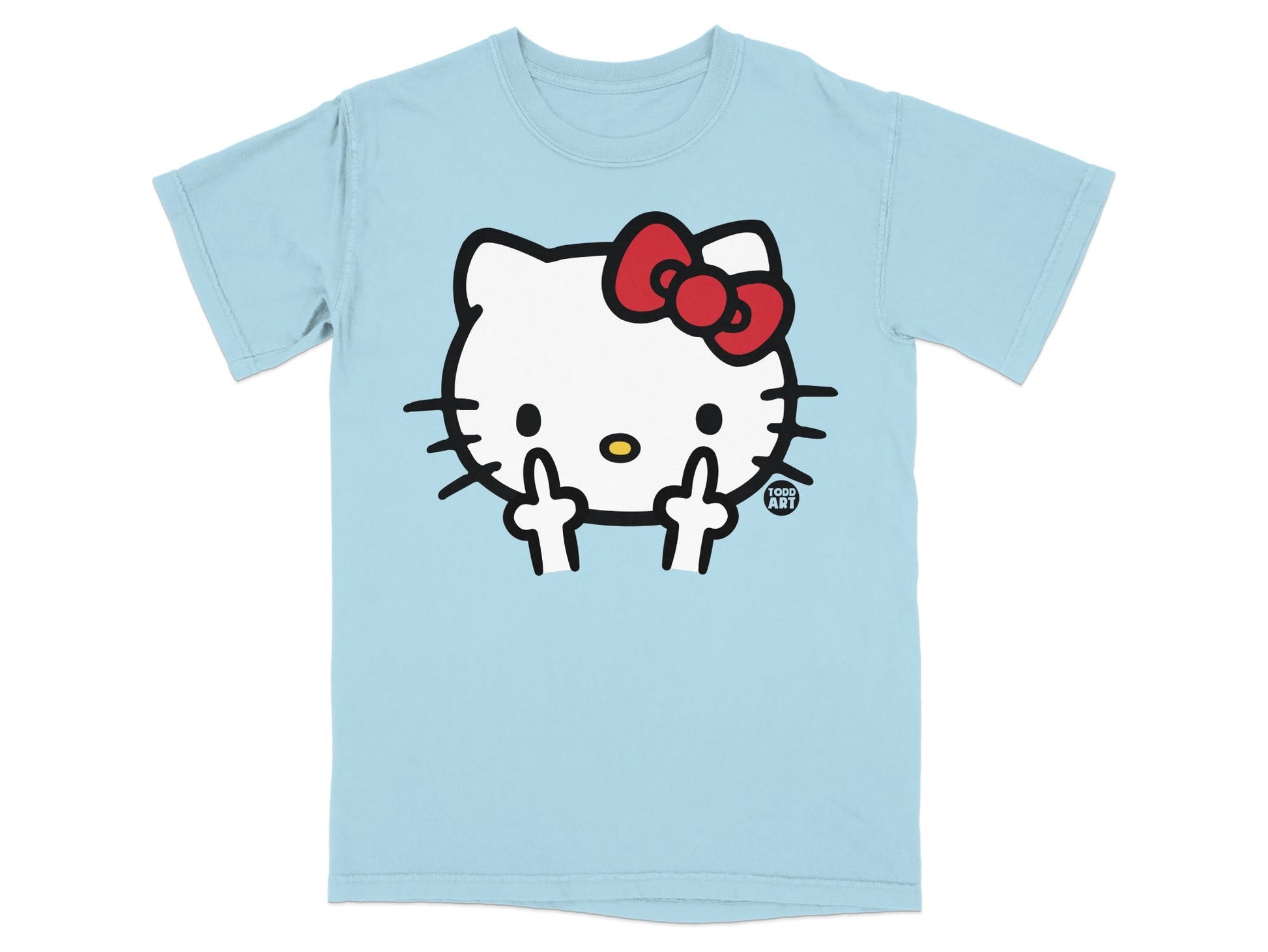 Light blue t-shirt with Hello Kitty giving middle fingers, small "TODD ART" logo.