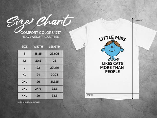 Size chart for a heavyweight adult tee featuring "Little Miss Likes Cats More Than People" graphic.