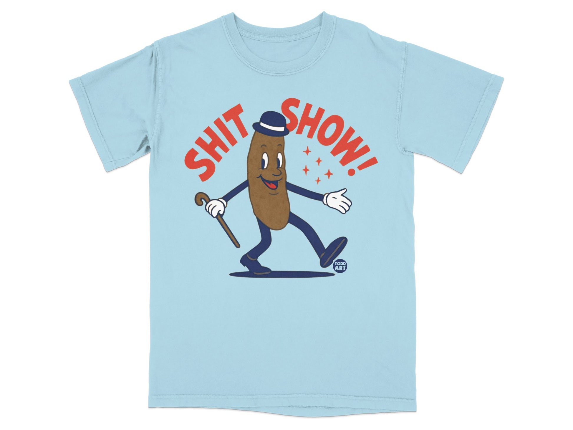 Light blue t-shirt with cartoon brown figure in hat and cane, "SHIT SHOW!" text.