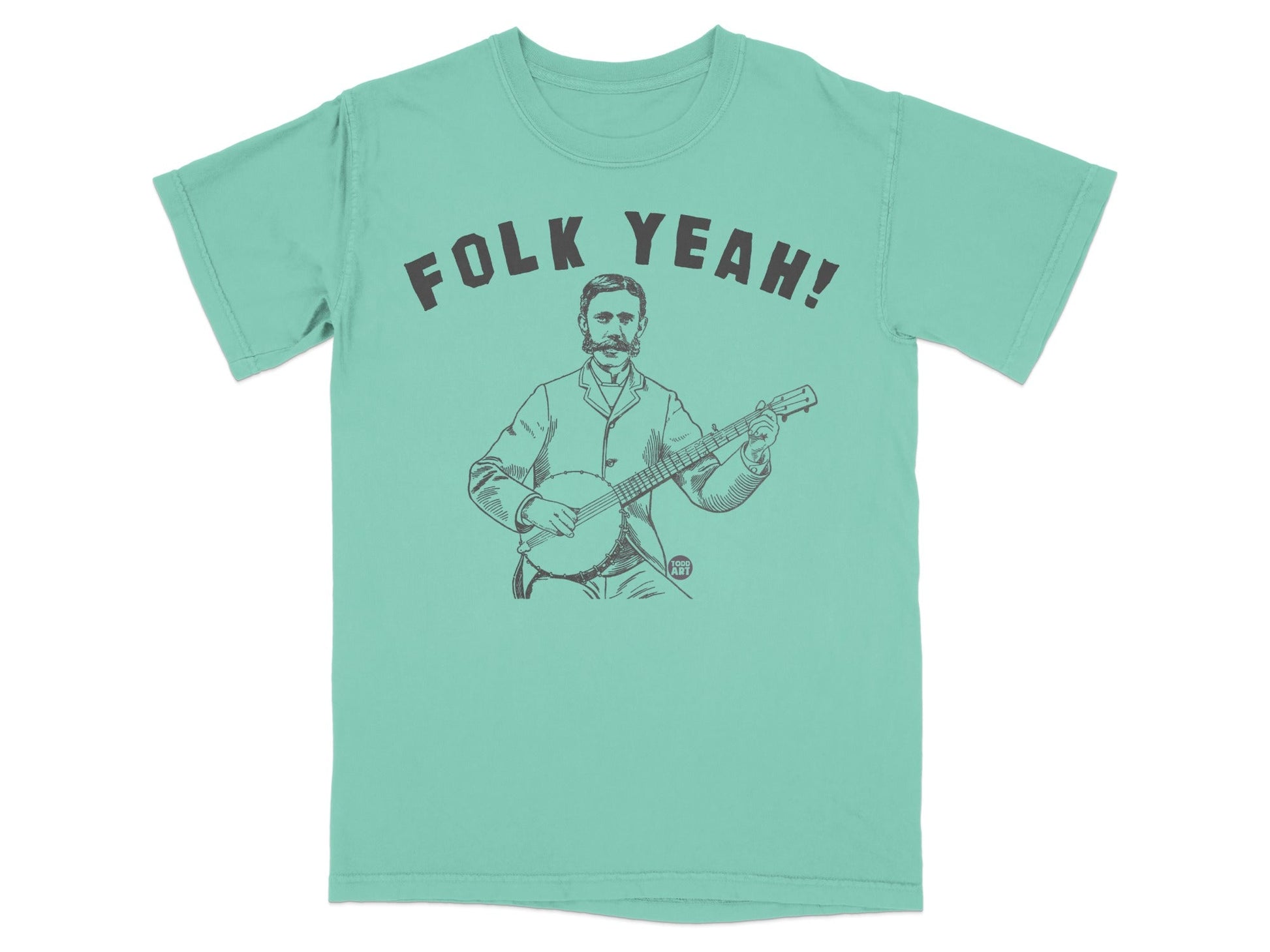 Folk Yeah! graphic t-shirt featuring a man playing a banjo.