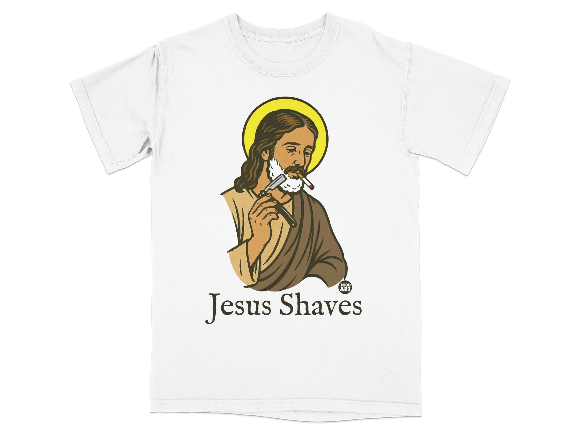 Jesus shaves graphic on a white t-shirt with halo and halo ring.
