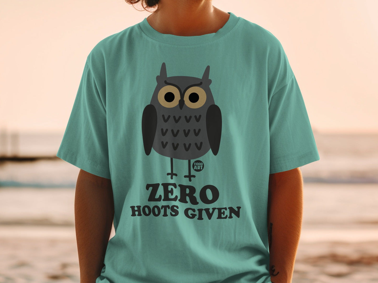Teal t-shirt with cartoon owl graphic and "ZERO HOOTS GIVEN" text.