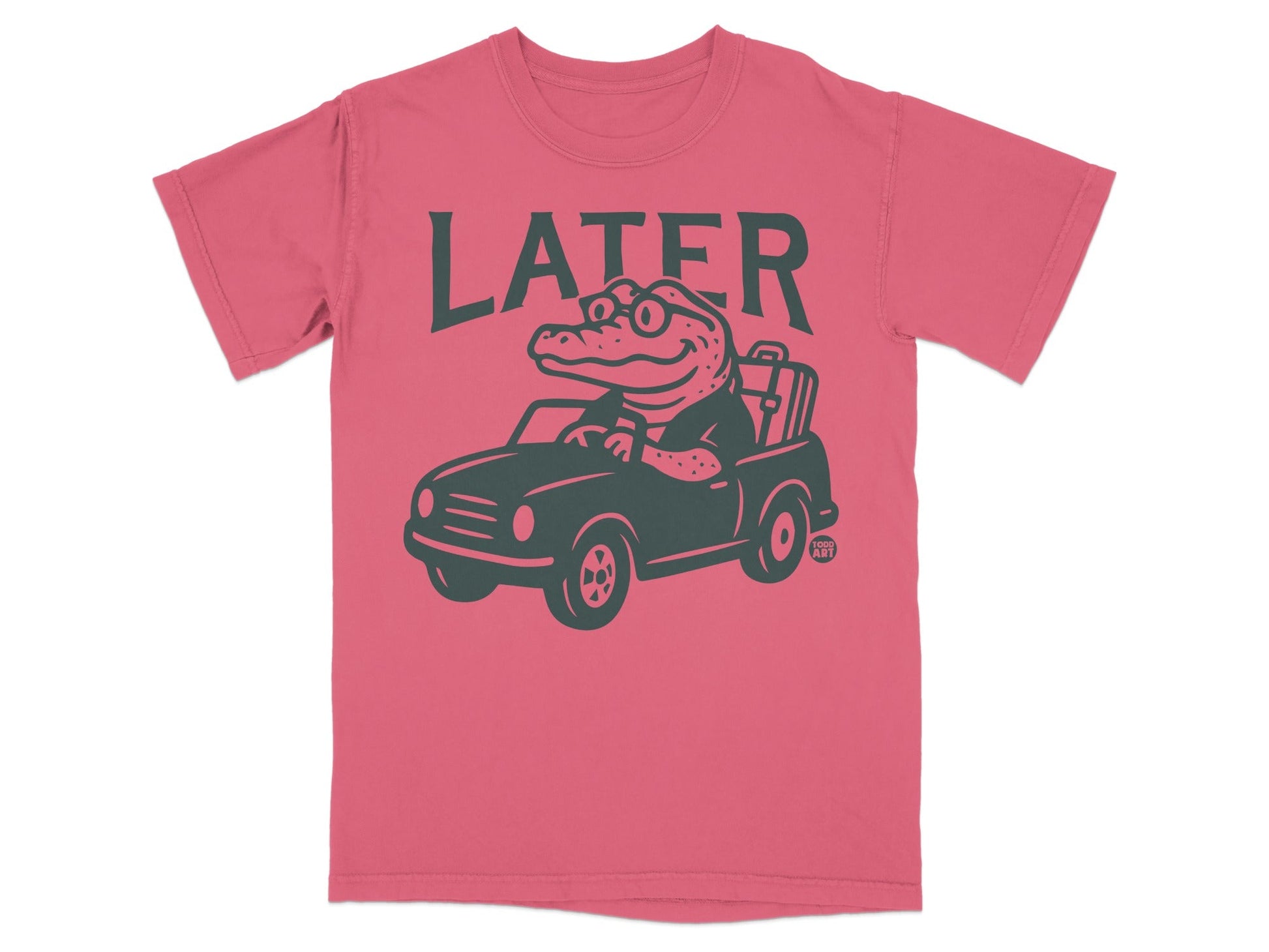 Alligator wearing glasses driving a car, text "LATER" above.