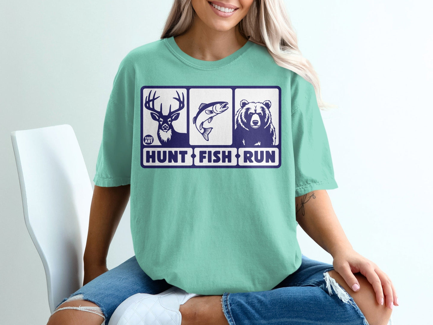 Hunt Fish Run Graphic Teal T-shirt for Outdoors Enthusiasts