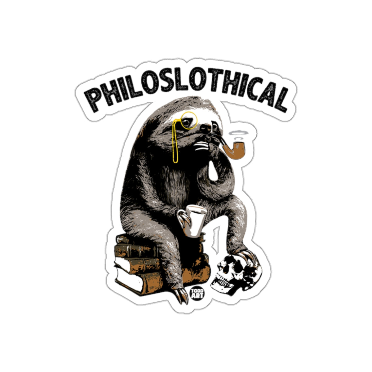 Philosophlothical Sloth on Books with Skull sticker
