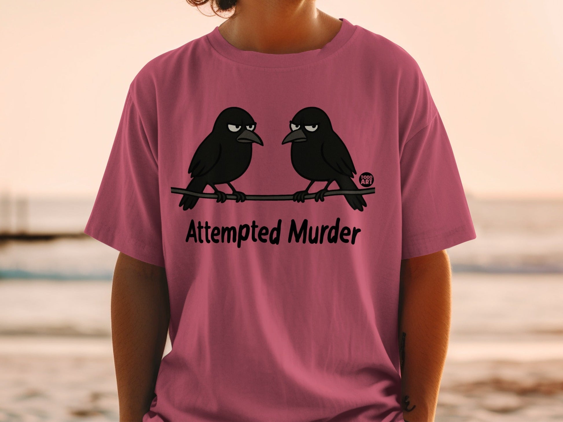 Attempted Murder T-Shirt with Cartoon Crows Graphic